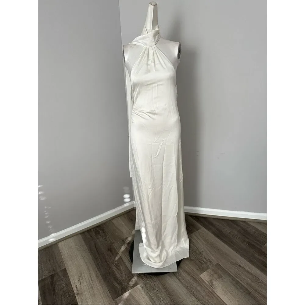 NWT Jonathan Simkhai Open Back Satin Vittoria Draped Scarf Maxi Gown Ivory Sz 0